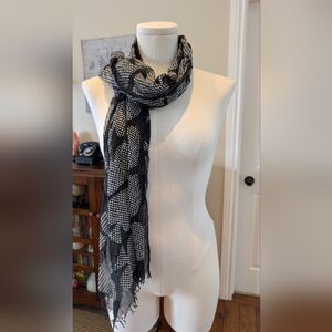 Kate Spade New York Lightweight Black Scarf White Spade Motif, Frayed Edges